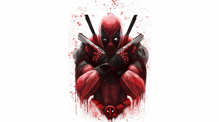 Deadpool with guns on white background