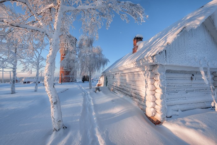 Winter scene with snow-covered house and trees
