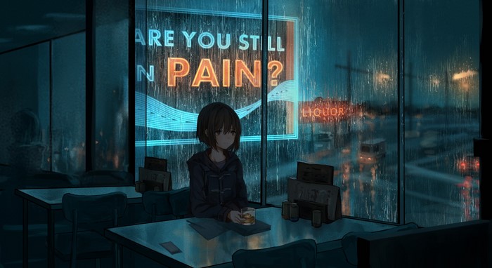 Neon Rainy Night with Anime Girl and Whisky Glass