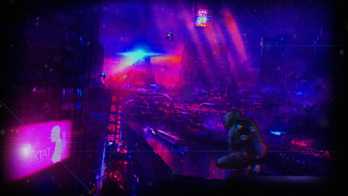 Cyberpunk city with neon lights and a person observing