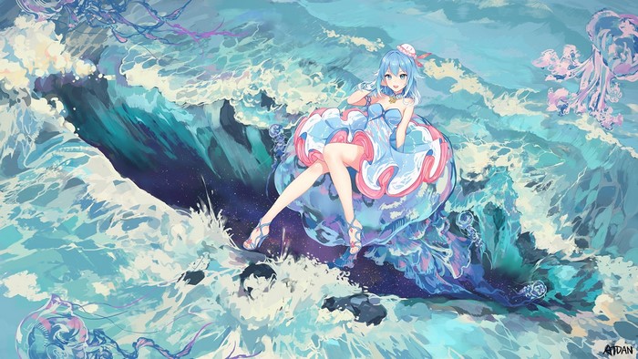 Anime girl with blue hair in a jellyfish dress on waves