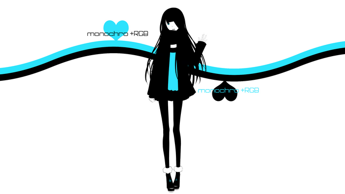 Anime girl with long black hair and cyan scarf