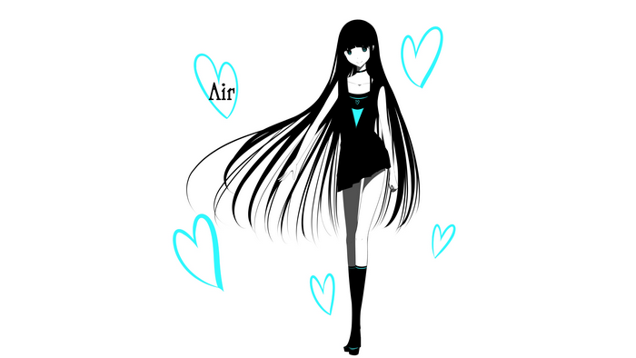 Anime girl with long black hair and blue hearts