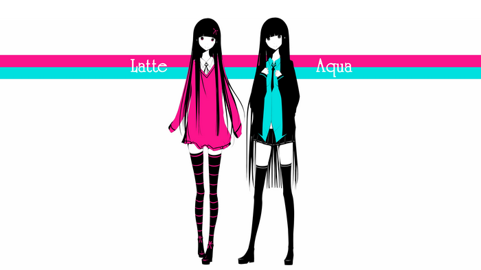 Two anime girls with long black hair, Latte and Aqua