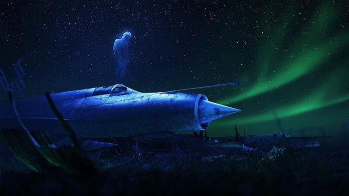 Ghostly figure above crashed fighter jet under aurora