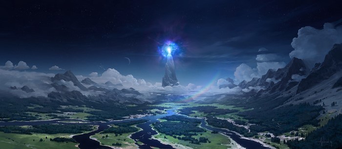 Fantasy landscape with tower and mountains