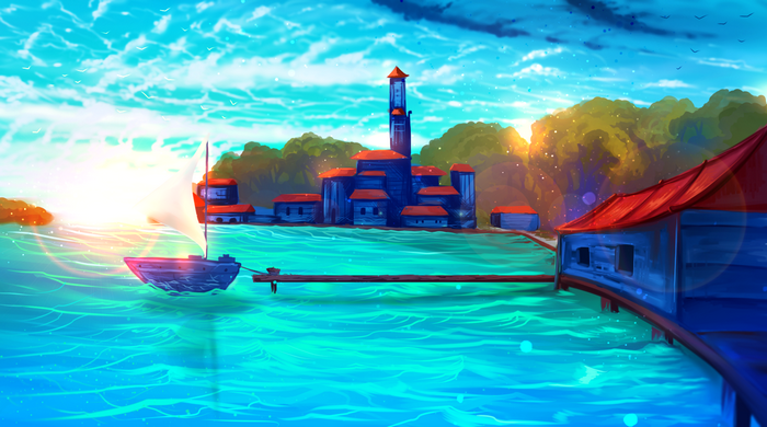 Sailboat near a village with a lighthouse by the sea