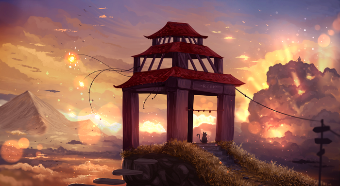 Asian pagoda at sunset with cat and mountains