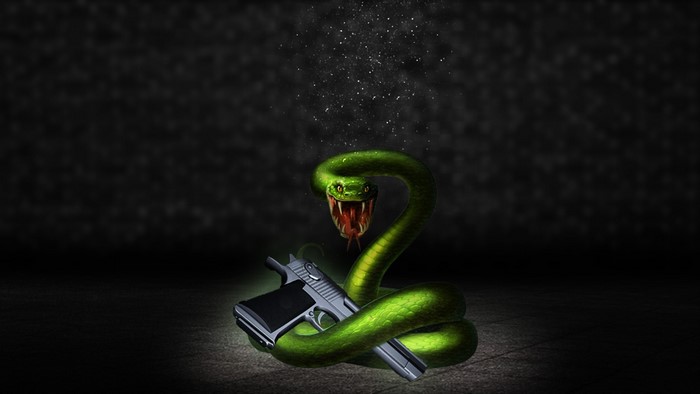 Green snake coiled around a Desert Eagle handgun