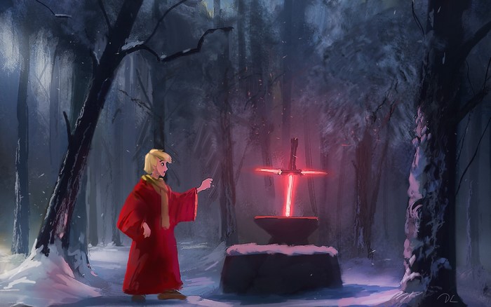 Arthur from Disney's Excalibur with a lightsaber