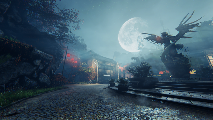 Shadow Warrior 2 night scene with statue and moon