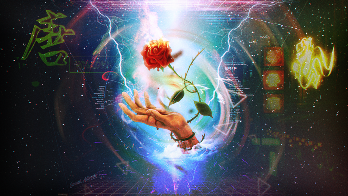 Burning Rose Held by a Hand in a Cosmic Vortex