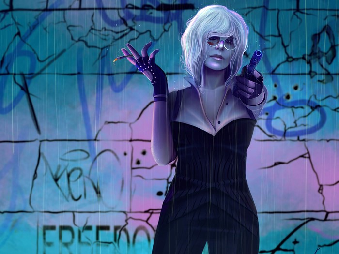 Woman with gun and cigarette in front of graffiti wall