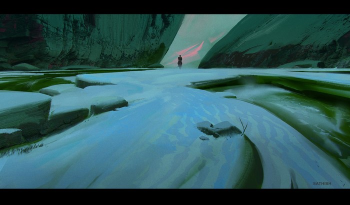 Digital artwork of a person on horseback in a snowy landscape