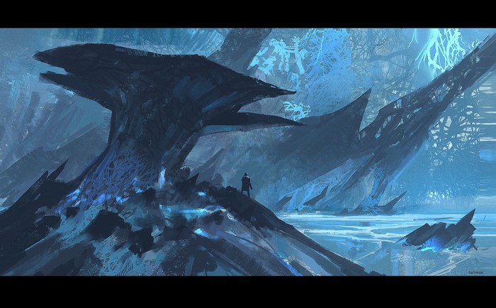 Man standing on icy terrain with surreal blue structures