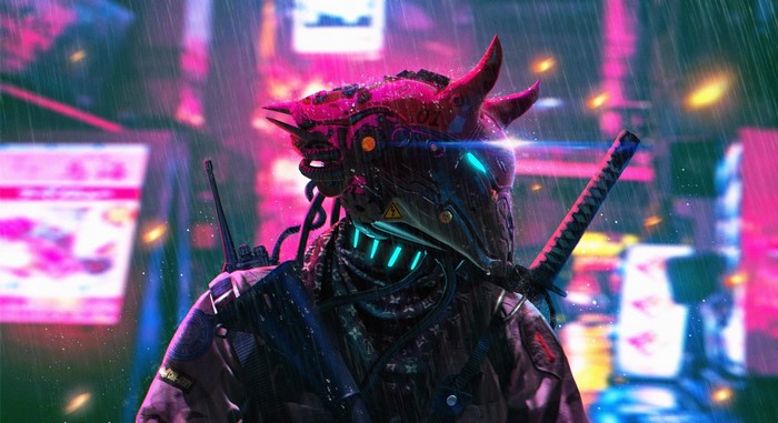 Cyberpunk warrior with katana in neon city rain