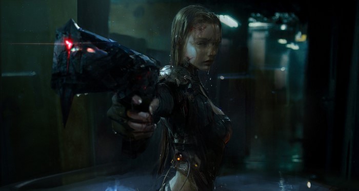Cyborg woman holding a futuristic gun