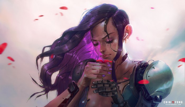 Cyberpunk cyborg woman with purple hair smelling a rose