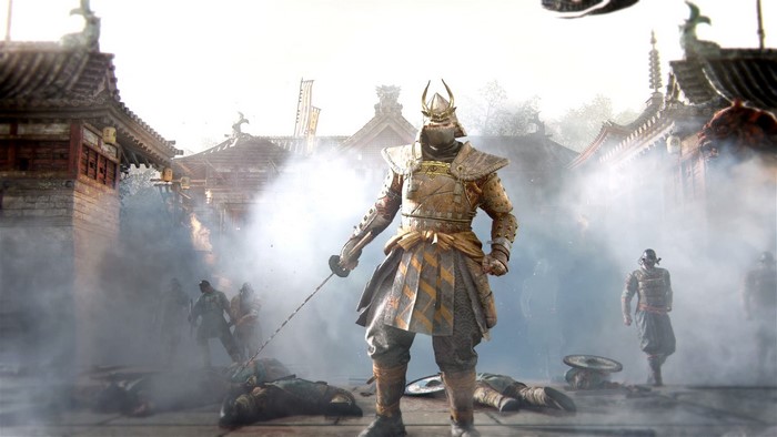 Samurai warrior in armor with sword in a battle scene