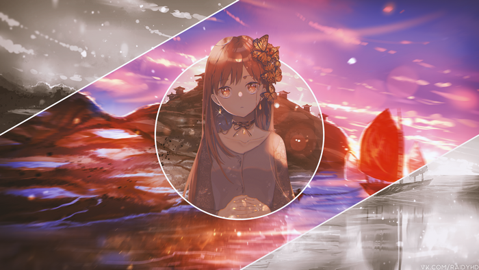 Anime girl with butterflies on a hill at sunset