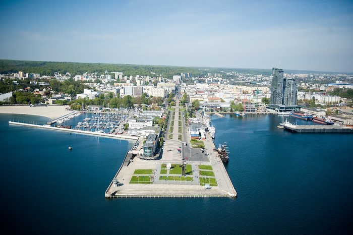 Aerial view of Gdynia cityscape with Sea Towers and marina