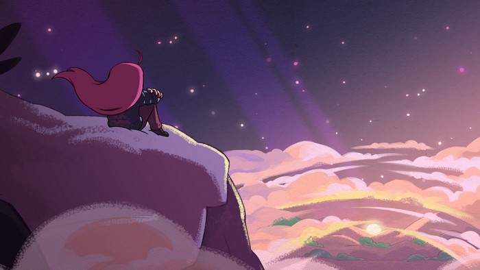 Madeline from Celeste sitting on a cliff overlooking clouds