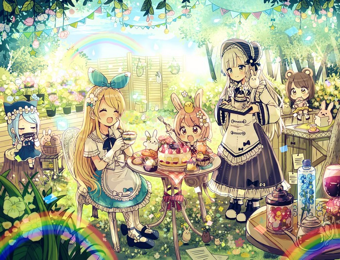 Anime girls having a tea party in a garden