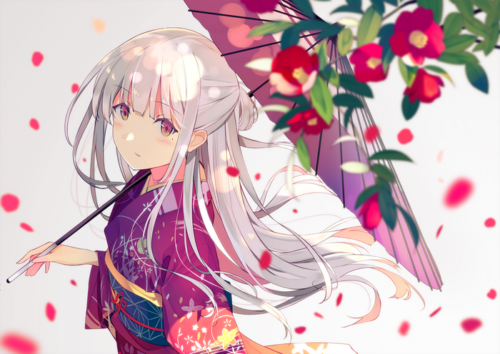 Anime girl with white hair in a kimono holding an umbrella