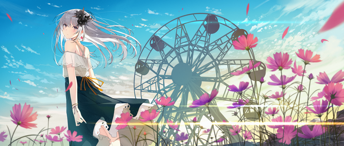 Anime girl with white hair and a ferris wheel