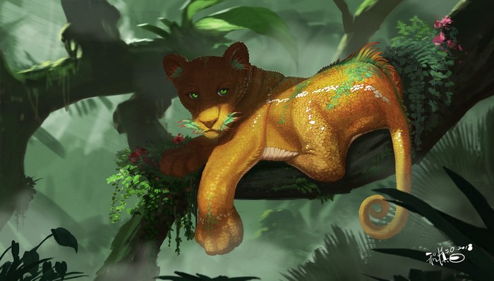 Fantasy creature with feline head and reptilian body on a tree branch