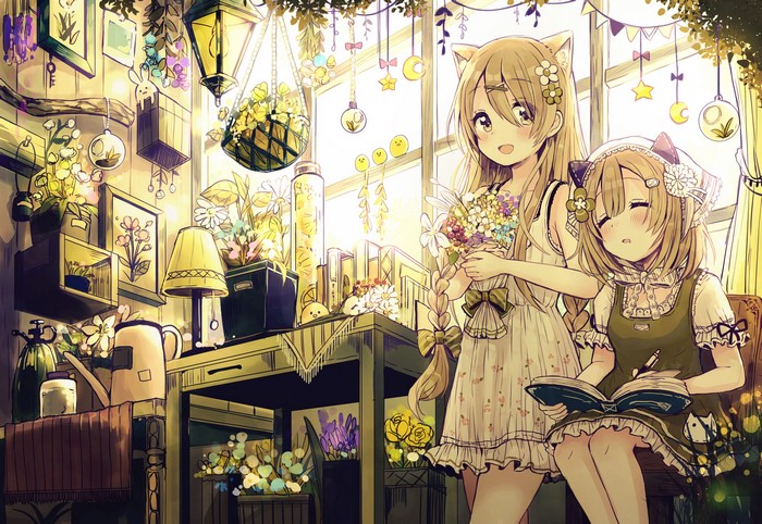 Anime girls with flowers and lamps indoors