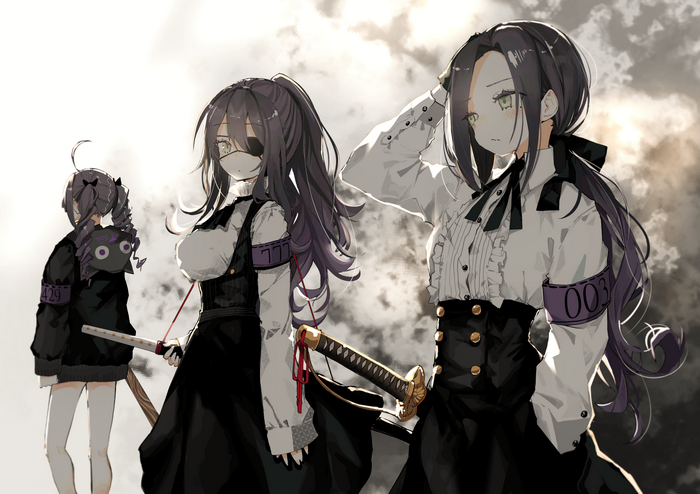 Anime girls with swords and eyepatches