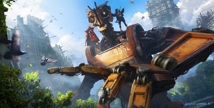 Giant robot with people and birds in ruined city