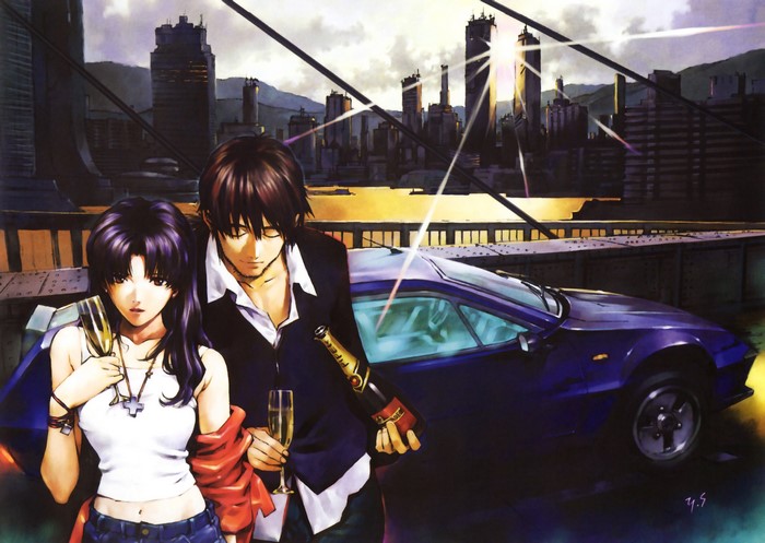 Katsuragi Misato from Neon Genesis Evangelion with a man and a Renault Alpine A310