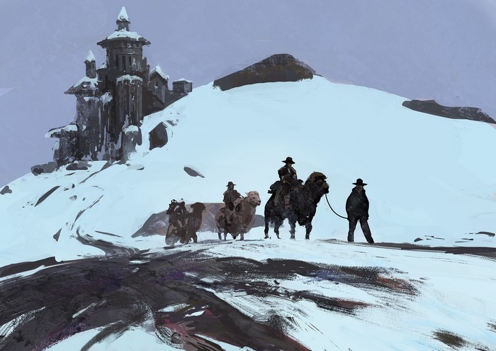 Cowboys on camels in a snowy landscape with a castle
