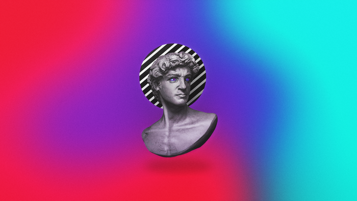 Bust of David with striped halo on gradient background