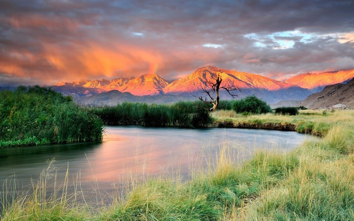 River and mountains at sunset