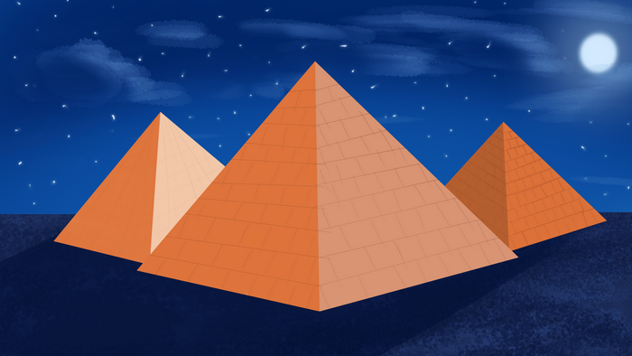 Pyramids at night under a starry sky with the Moon