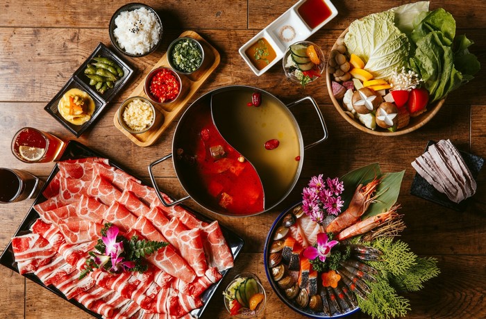 Hot Pot Meal with Meat, Seafood, and Vegetables