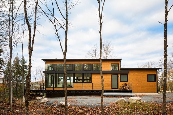 Modern wooden house with large windows in a forest