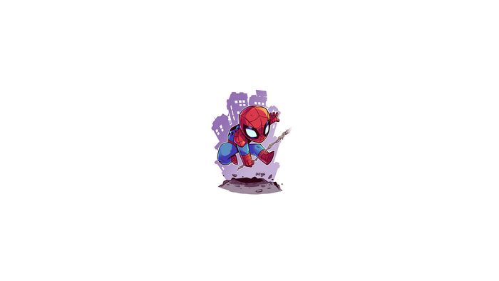 Chibi Spider-Man swinging in front of city buildings