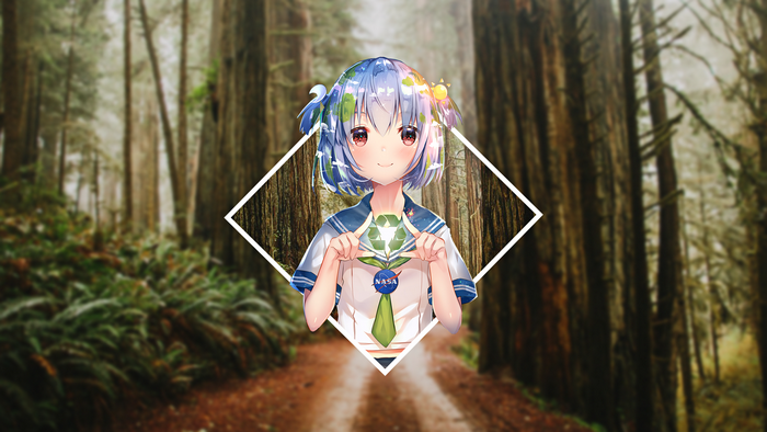 Earth-chan with recycling symbol in forest