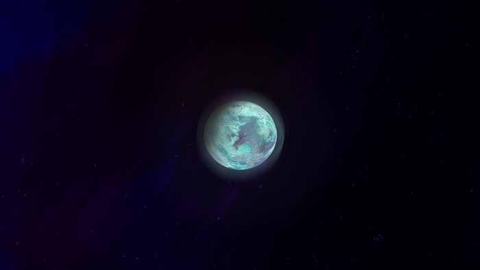 A glowing planet in a star-filled galaxy