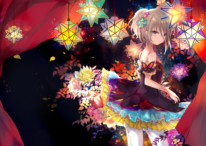 Anime girl with flowers and star lanterns