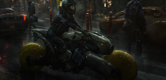 Cyberpunk motorcyclist on a futuristic bike in a rainy city
