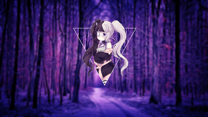 Anime girl with black and white hair in a purple forest