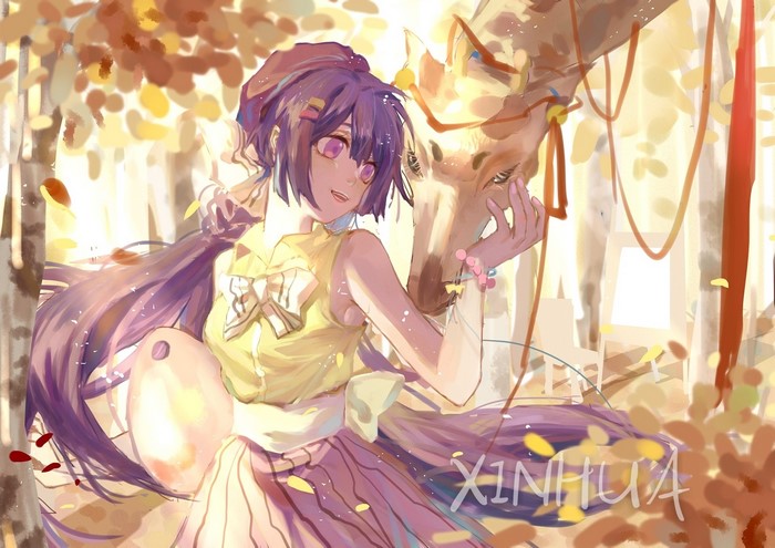 Anime girl with purple hair and purple eyes with a giraffe