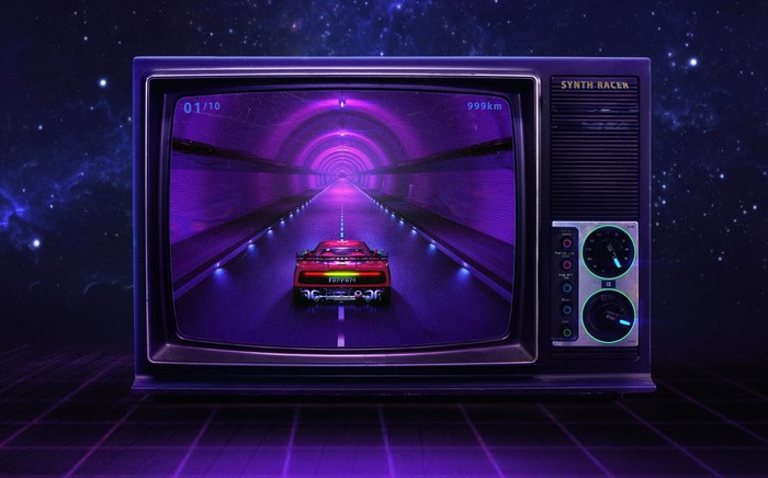 Synth Racer game on a retro TV
