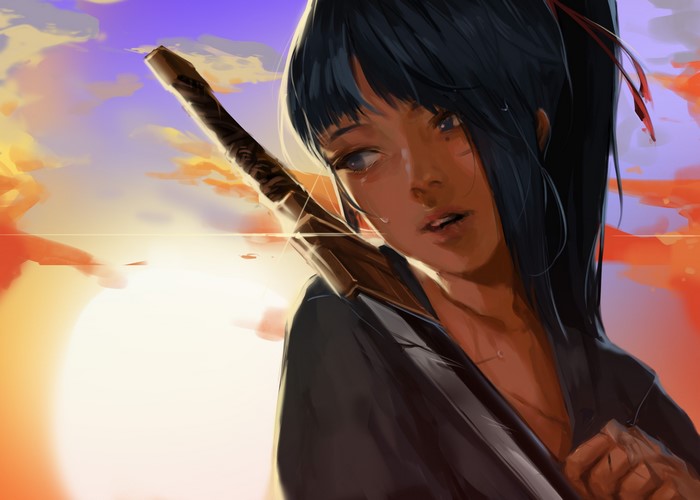 Anime girl with katana at sunset