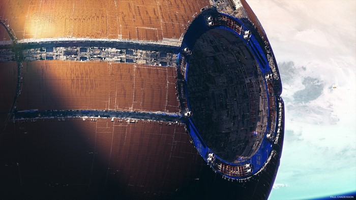 Massive futuristic space station orbiting a planet
